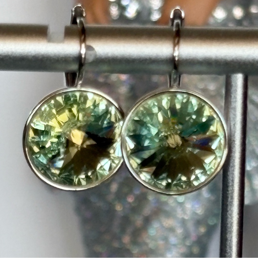 Light Lime Green Small Bella-Style Swarovski Crystal Rhodium Leverback Earrings - Picture 10 of 16